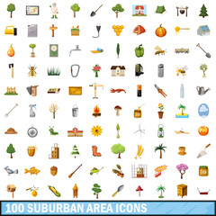 100 suburban area icons set, cartoon style