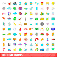100 time icons set, cartoon style