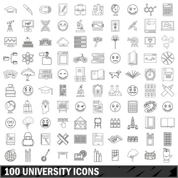 100 university icons set, outline style
