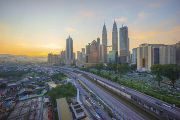 Fototapeta na wymiar Aerial view of Kuala Lumpur city skyline during sunset