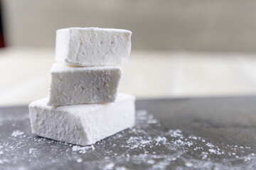 Stack of Three Homemade Marshmallows with Copy Space to Right