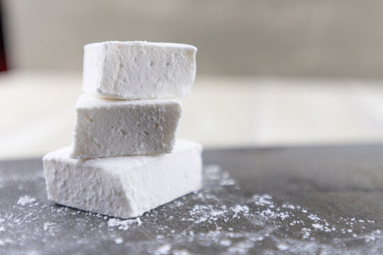 Stack of Three Homemade Marshmallows with Copy Space to Right