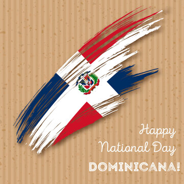 Dominicana Independence Day Patriotic Design. Expressive Brush Stroke in National Flag Colors on kraft paper background. Happy Independence Day Dominicana Vector Greeting Card.