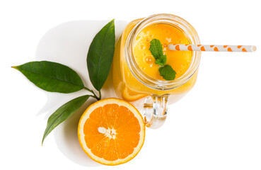  orange drink and orange fruit