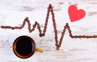 Kardiogrammlinie von Kaffeebohnen und Tasse Kaffee, Konzept der Medizin und des Gesundheitswesens