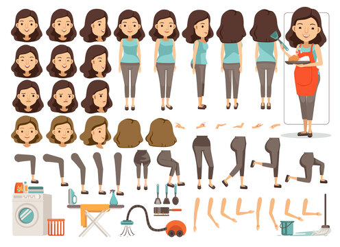 Housewife character creation set.Icons with different types of faces and hair style, emotions,front,rear,side view of female person.Moving arms,legs.Vector illustration Isolated on white background 