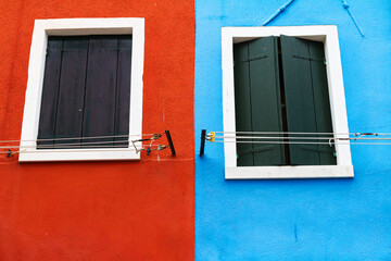  Burano island, traditional colourful walls of the common old houses.