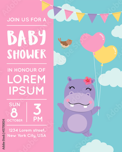 Cute Hippopotamus And Bird Cartoon Illustration For Baby Shower