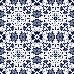 Fototapeta premium Seamless Blue Chinese Background Asian botanic garden spiral vine leaf flower chintz