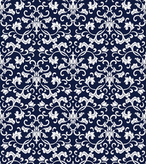 Seamless Blue Chinese Background oriental Chinese botanic spiral flower leaf chintz