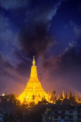 Shwedagon pagoda and famous tourist attraction landmark with sunset / sun rise background-Yangon, Myanmar