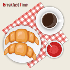 Coffee cappuccino, croissants and jam. Breakfast vector illustration