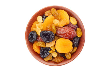 Bowl of dried fruits mix on white