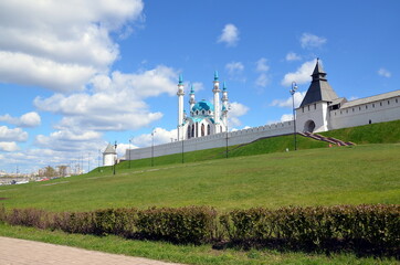 Fototapeta na wymiar View on Kazan Kremlin and Qol Sharif, Qol Sherif or Kol Sharif mosque in Kazan, the capital city of Tatarstan republic, Russia