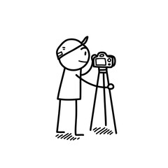 Photographer Doodle, a hand drawn vector doodle illustration of a stick figure doing a photography using camera on tripod.