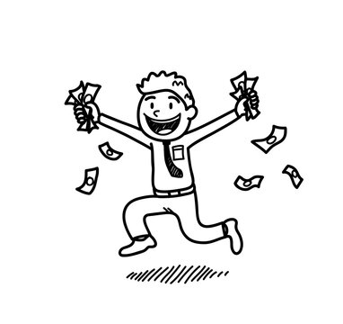 Rich Businessman Holding on Money, a hand drawn vector cartoon illustration of a success businessman running around while grabbing money on both hands.
