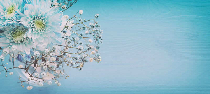 Fototapeta delicate blue flowers arrangement on wooden background. Copy space