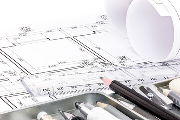different drawing tools for designer on architectural drawing of apartment plan