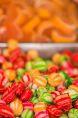 Sweets on street market, colorful candy in outdoor shop