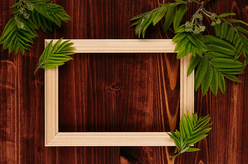 Blank photo wood frame and young green leaves on vintage brown wooden board. Decorative summer background with copy space, top view.