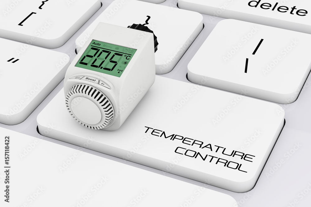 Poster digital wireless radiator thermostatic valve over computer keyboard with temperature control sign. 3