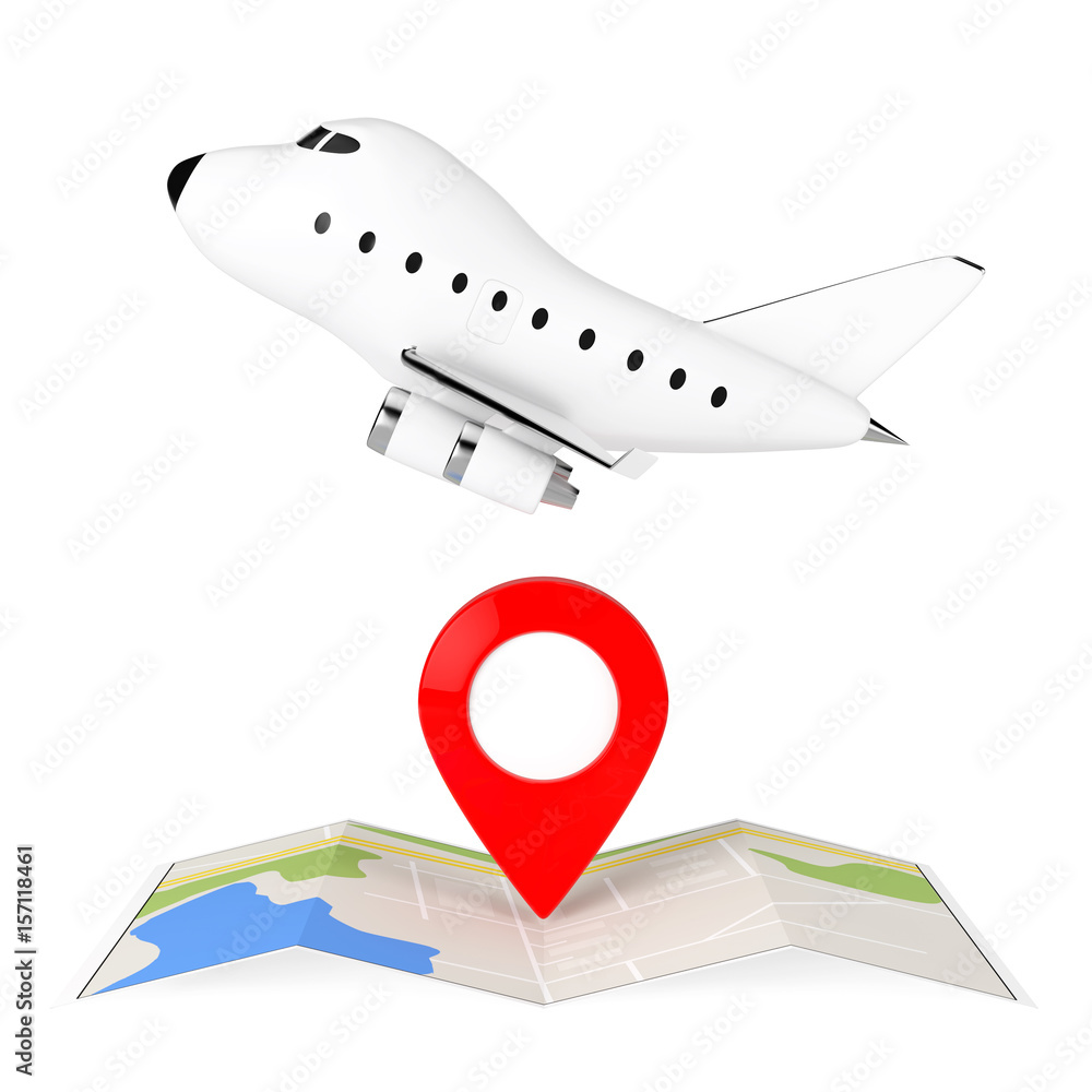 Poster cartoon toy jet airplane over folded abstract navigation map with target pin. 3d rendering