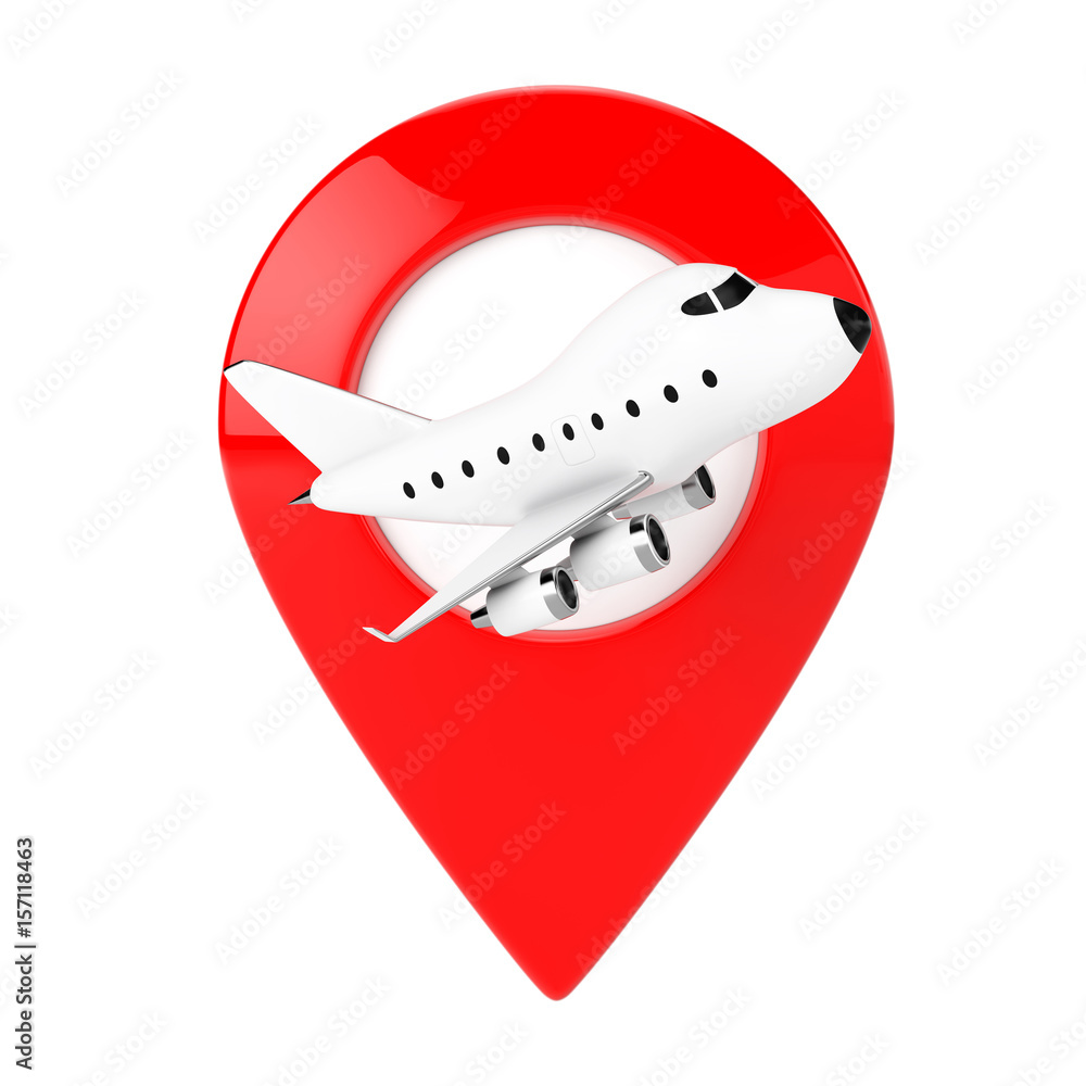 Poster cartoon toy jet airplane with red map target pin. 3d rendering