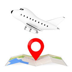 Cartoon Toy Jet Airplane over Folded Abstract Navigation Map with Target Pin. 3d Rendering