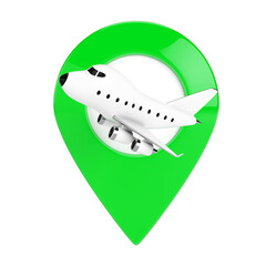 Cartoon Toy Jet Airplane with Green Map Target Pin. 3d Rendering