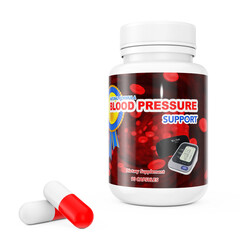 Blood Pressure Support Pills near Plastic Pills Bottle. 3d Rendering