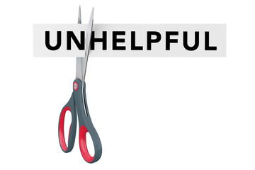 Cutting Unhelpful to Helpful Paper Sign with Scissors. 3d Rendering