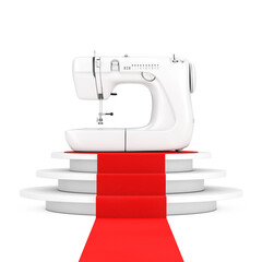 Modern White Sewing Machine over Round White Pedestal with Steps and a Red Carpet. 3d Rendering