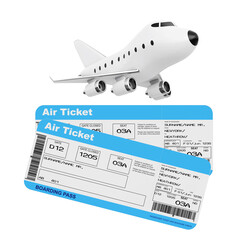 Air Travel Concept. Cartoon Toy Jet Airplane with Airline Boarding Pass Tickets. 3d Rendering