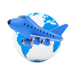 Flying Around the World Concept. Blue Cartoon Toy Jet Airplane near Earth Globe. 3d Rendering
