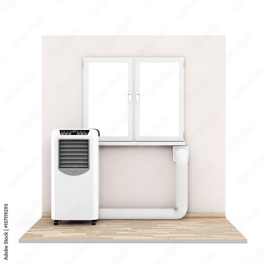 Poster portable mobile room air conditioner with hose connected to window in room. 3d rendering