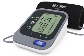 Digital Blood Pressure Monitor with Cuff. 3d Rendering