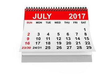 Calendar July 2017. 3d rendering