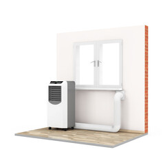 Portable Mobile Room Air Conditioner with Hose connected to Window in Room. 3d Rendering
