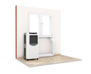 Fototapeta na wymiar Portable Mobile Room Air Conditioner with Hose connected to Window in Room. 3d Rendering
