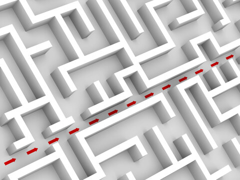 huge white maze structure, red arrows showing shortcut through the maze garden