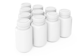 Rows of White Blank Plastic Pills Bottles. 3d Rendering