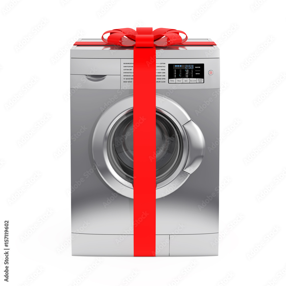 Poster Modern Silver Washing Machine with Red Ribbon and Bow as Gift. 3d Rendering