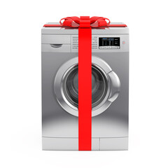 Modern Silver Washing Machine with Red Ribbon and Bow as Gift. 3d Rendering