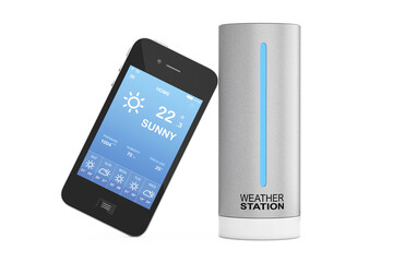 Fototapeta na wymiar Modern Digital Wireless Home Weather Station with Mobile Phone with Weather on Screen. 3d Rendering