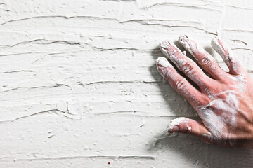 Worker Hand Stucco Plaster Wall Building Background Flat Lay Construction Repair Dirty White Concept