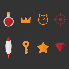 set collection of game items, potion, crown, time, target, rocket, key, star, gem icons vector