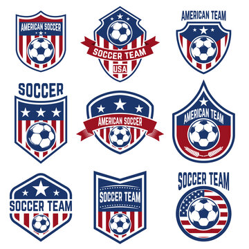 Set of american soccer team labels. Emblems with football balls. Vector illustration