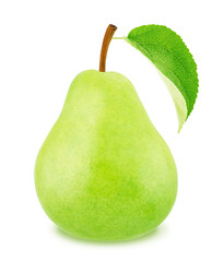 Ripe pear with green leaf isolated