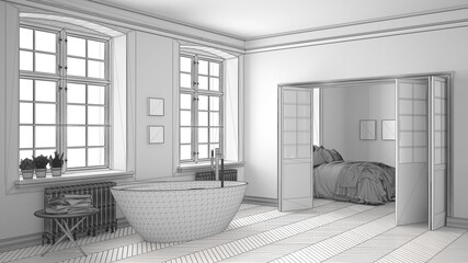 Unfinished project of minimalist white bathroom with bedroom in the background, sketch abstract interior design