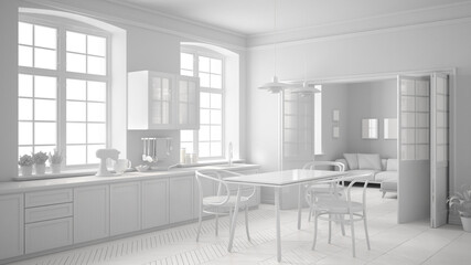 Total white scandinavian kitchen, minimalist interior design